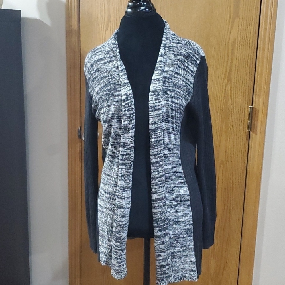 Eileen fisher linen black grey space dye knit open front cardigan